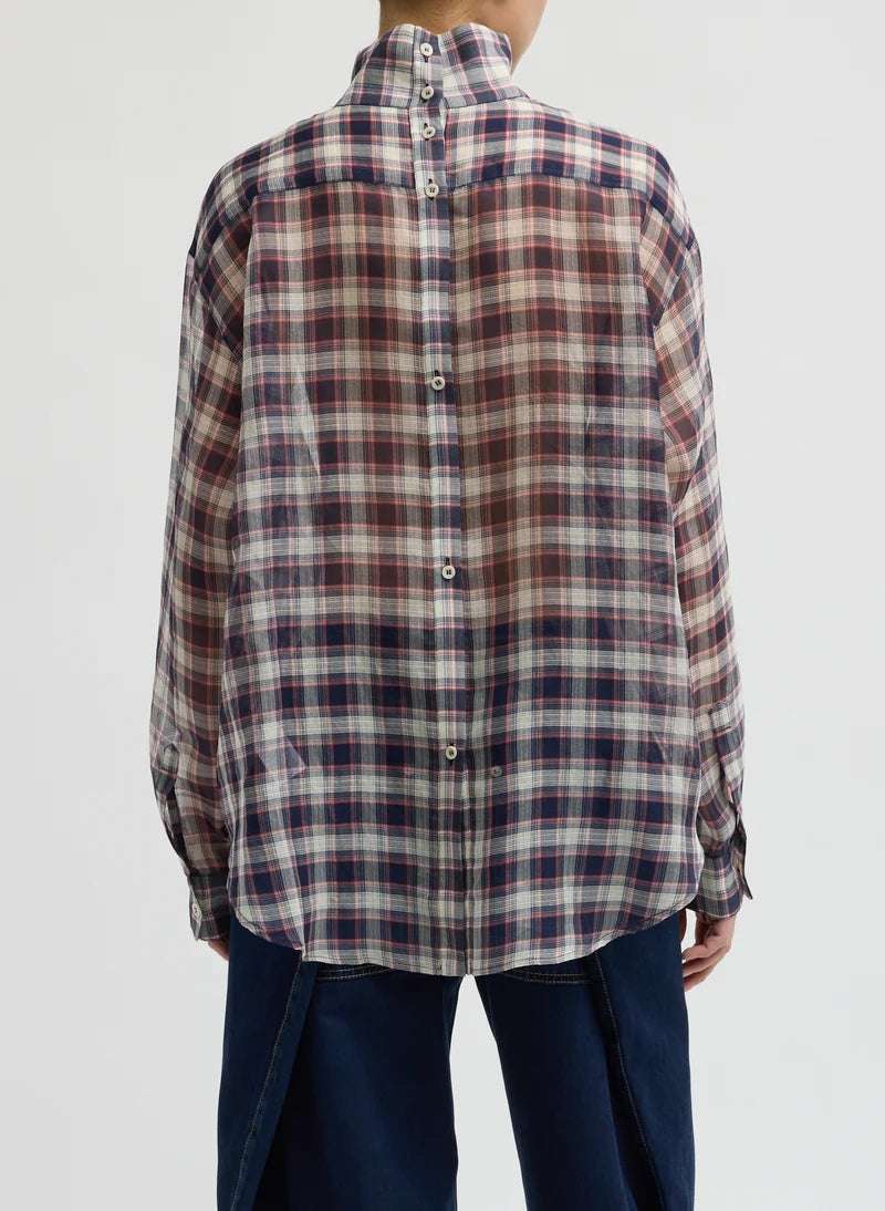 Tibi Silk Cotton Plaid Funnel Neck Shirt