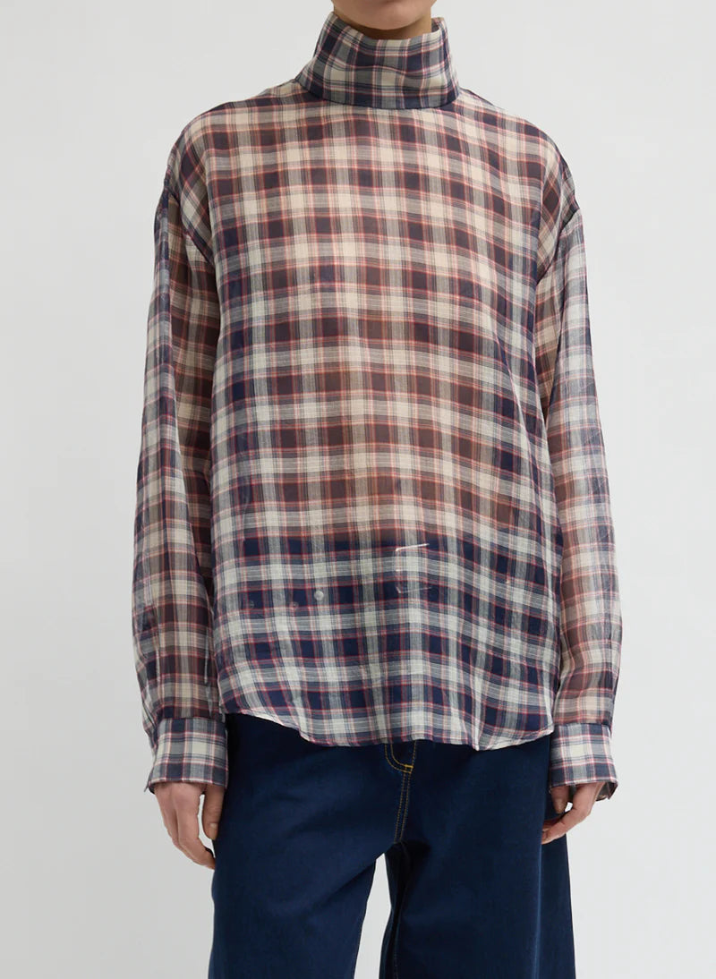 Tibi Silk Cotton Plaid Funnel Neck Shirt