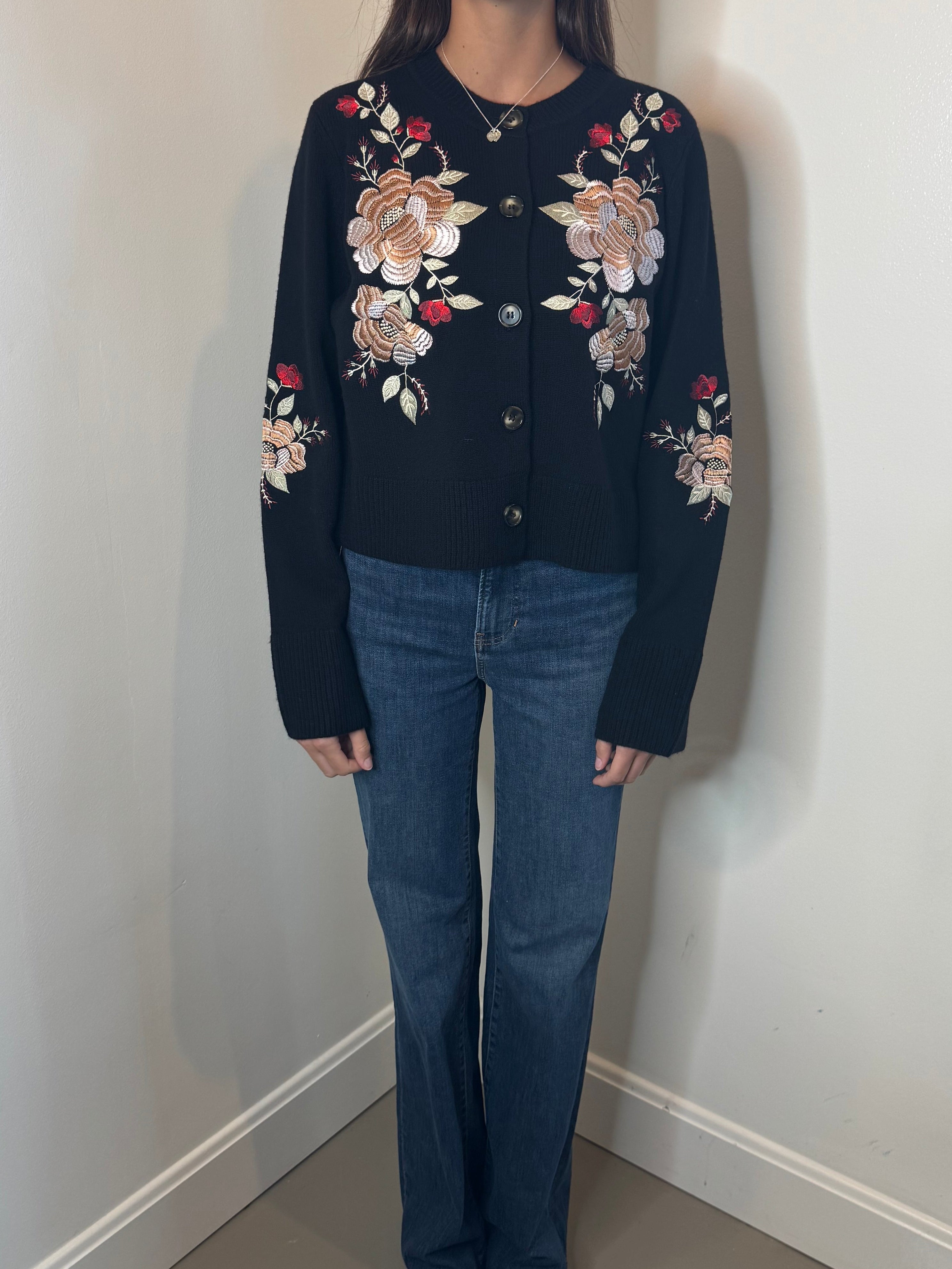 Farm Rio Black Flowers Embroidered Knit Cardigan