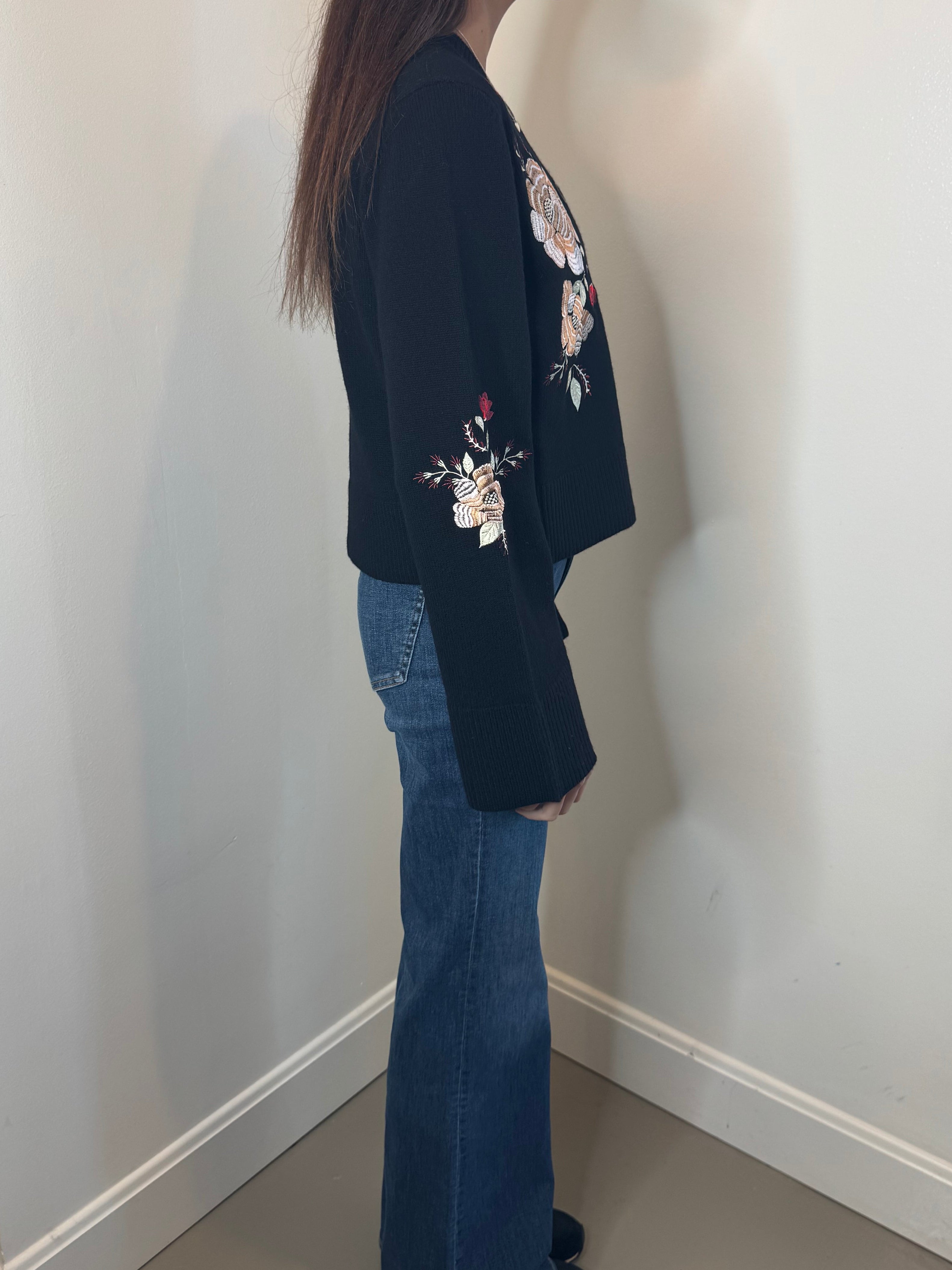 Farm Rio Black Flowers Embroidered Knit Cardigan