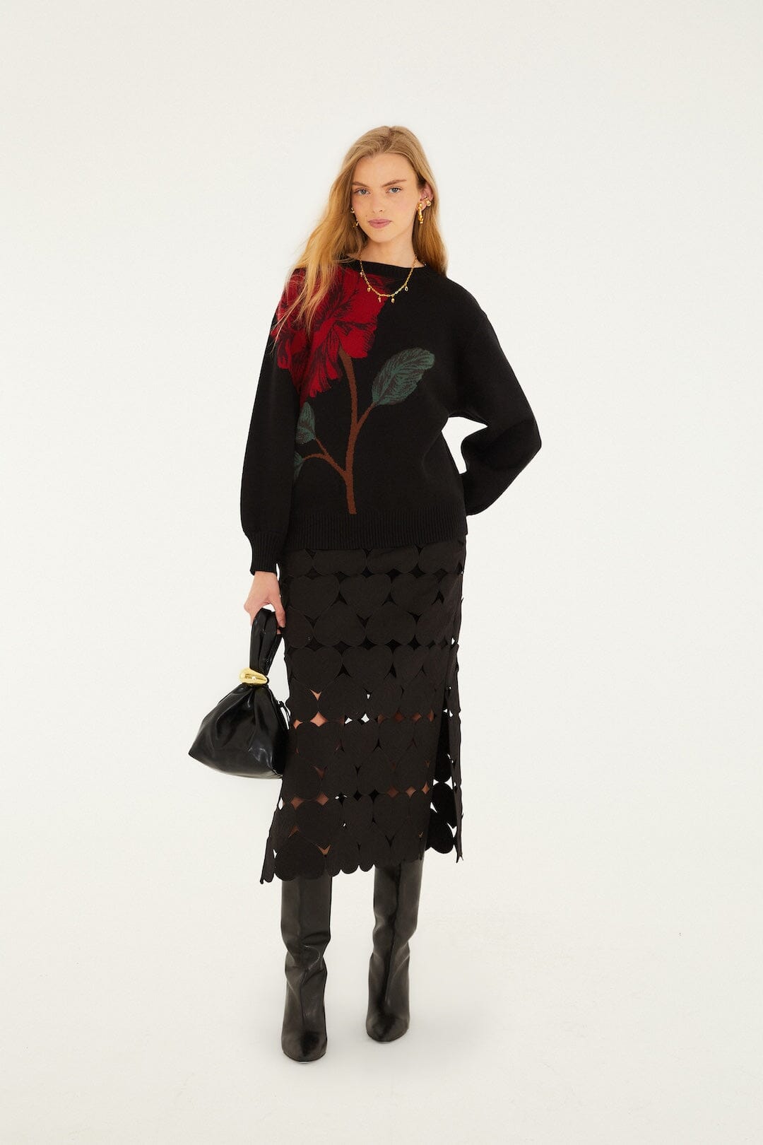 Farm Rio Black Hearts Midi Skirt