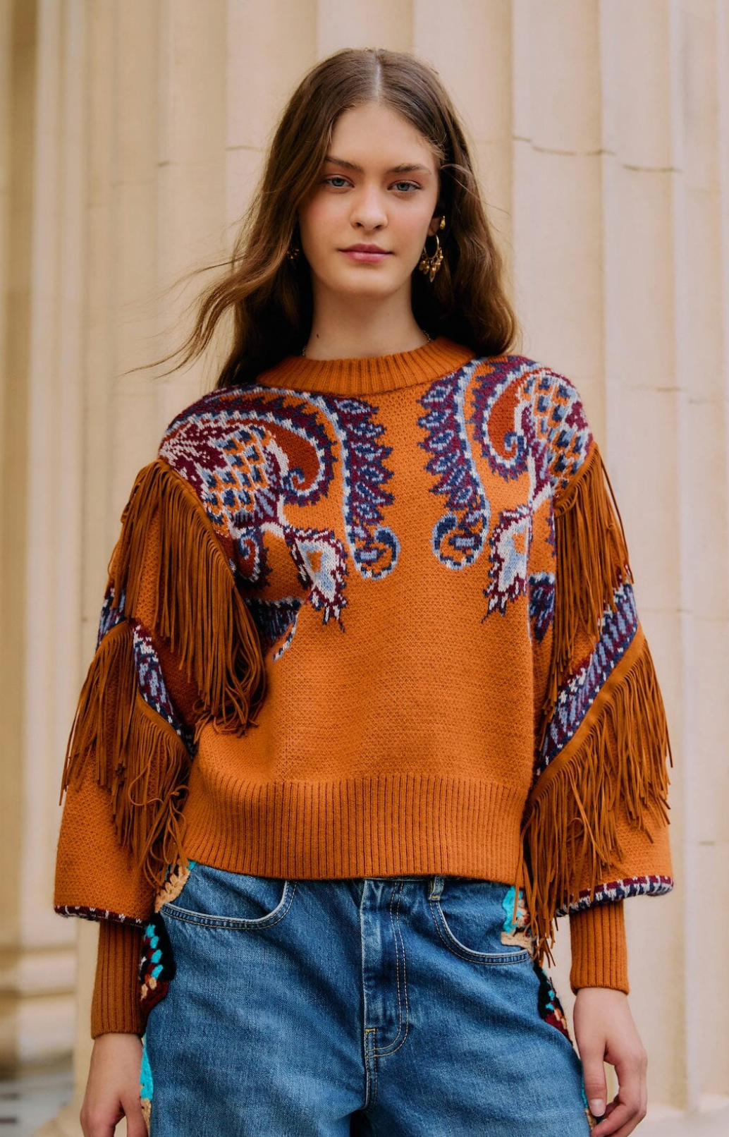 Farm Rio Arabesque Scarf Fringe Knit Sweater