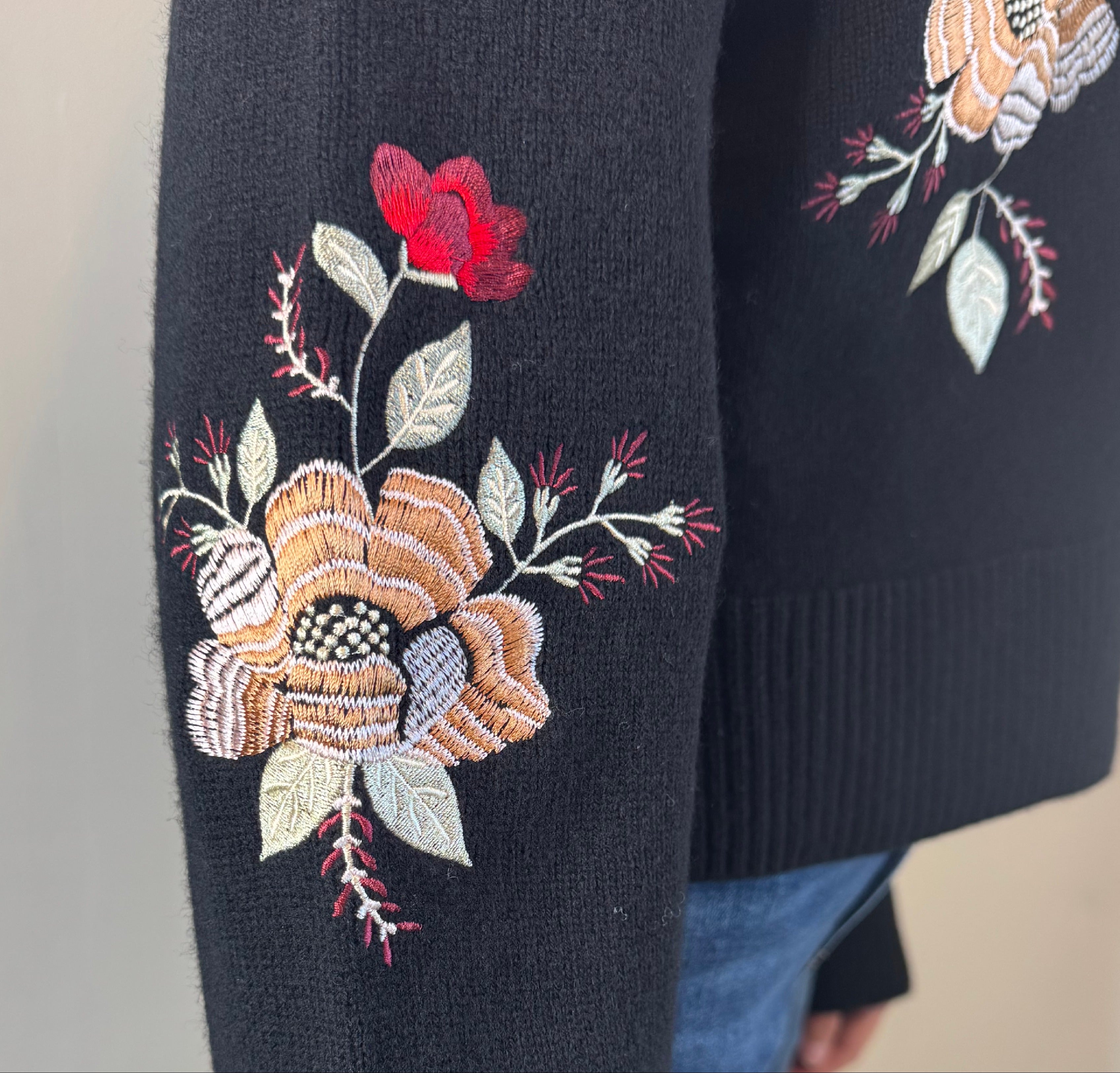 Farm Rio Black Flowers Embroidered Knit Cardigan