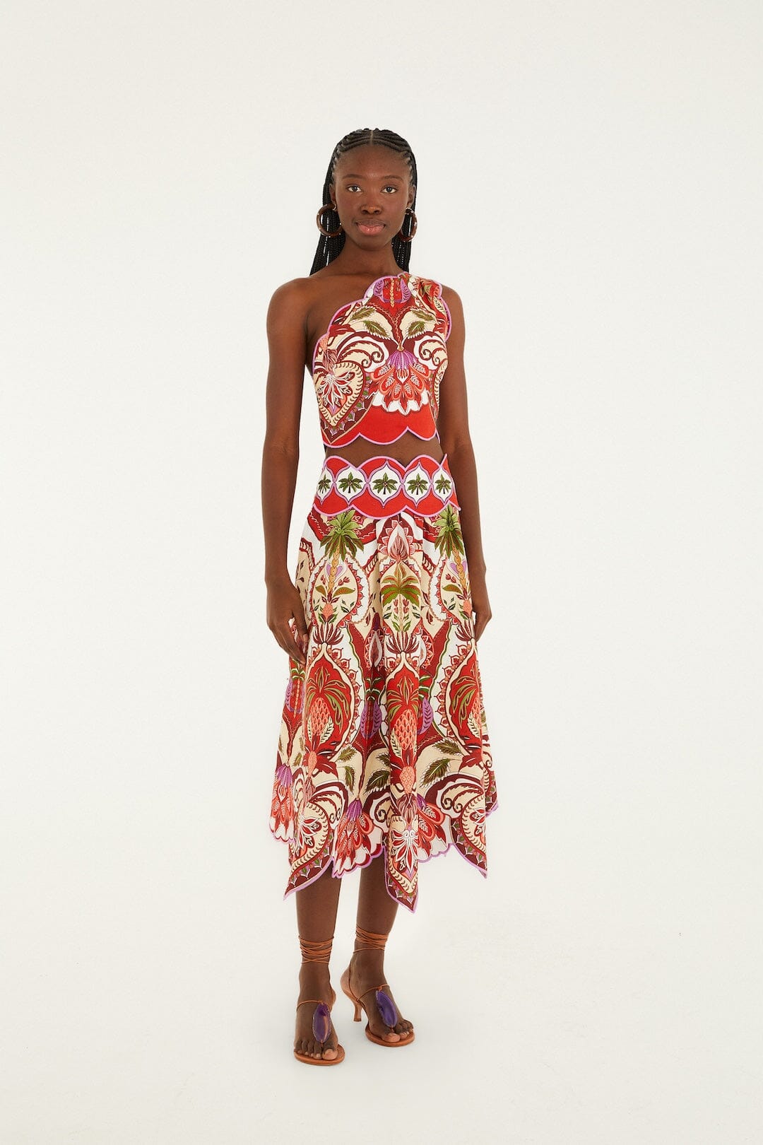 Farm Rio Odara Red One Shoulder Scallops Top