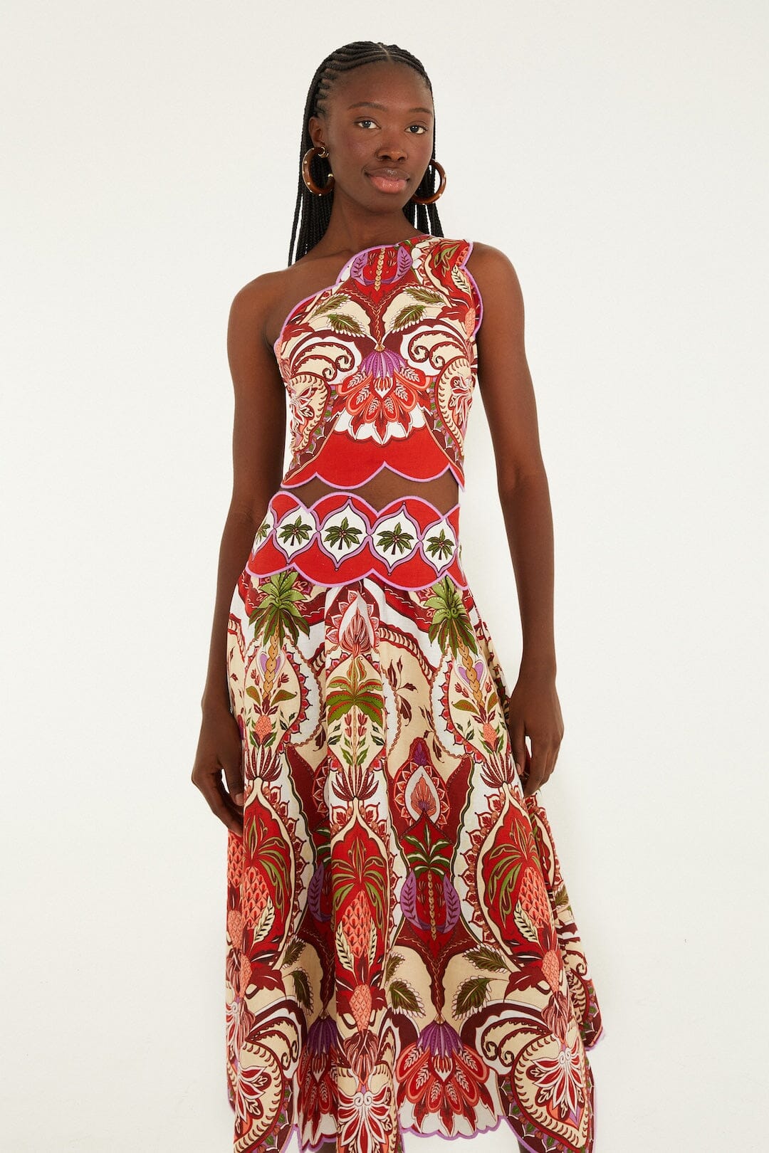 Farm Rio Odara Red Scallops Midi Skirt