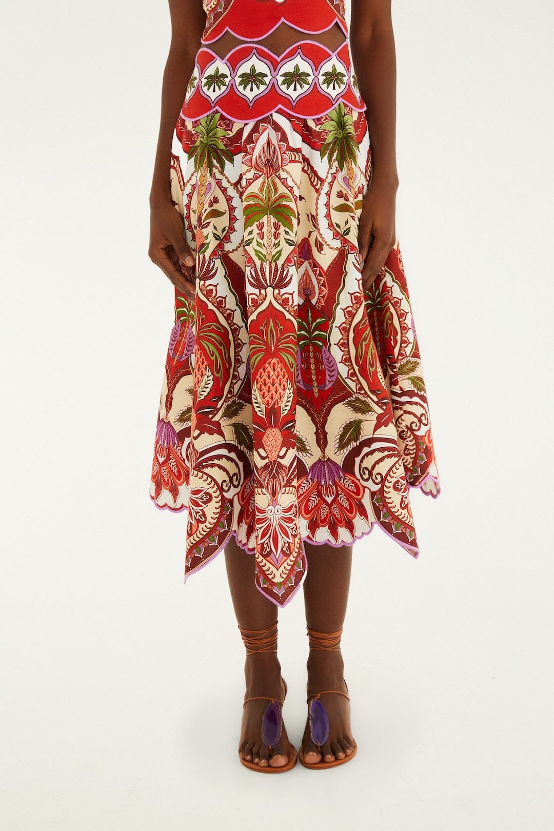 Farm Rio Odara Red Scallops Midi Skirt