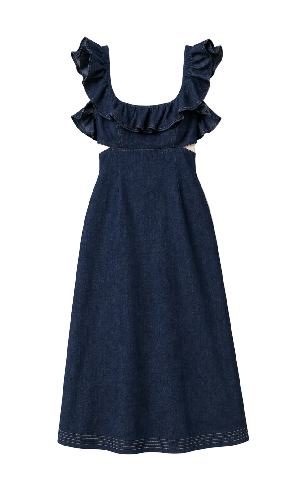 ZIMMERMANN Aster Denim Frill Midi Dress | Women's A-Line Denim Cut-Out Dress | Ink