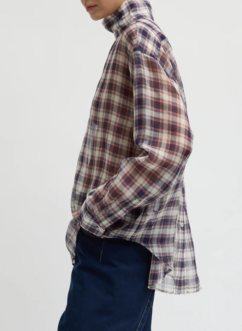 Tibi Silk Cotton Plaid Funnel Neck Shirt