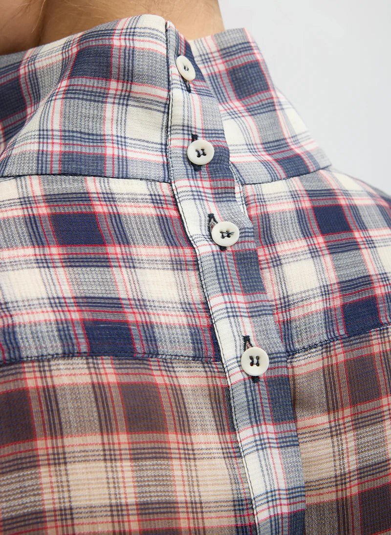 Tibi Silk Cotton Plaid Funnel Neck Shirt