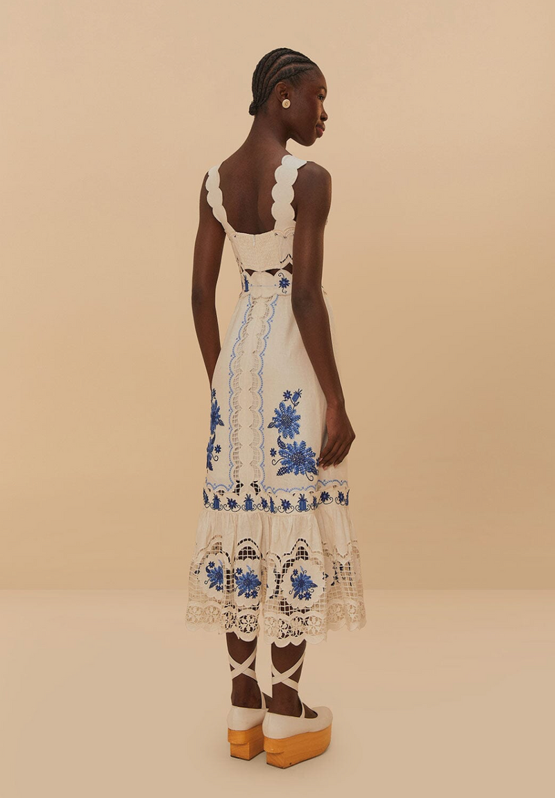 FARM Rio Off-White Richelieu Sunflower Midi Dress