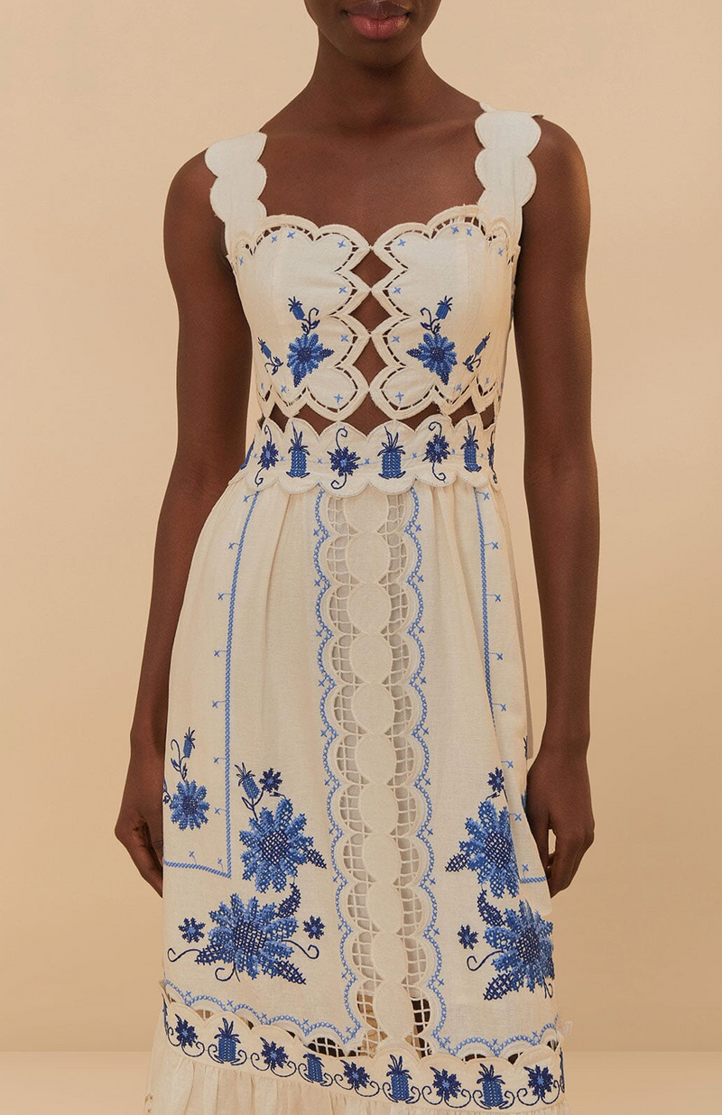 FARM Rio Off-White Richelieu Sunflower Midi Dress