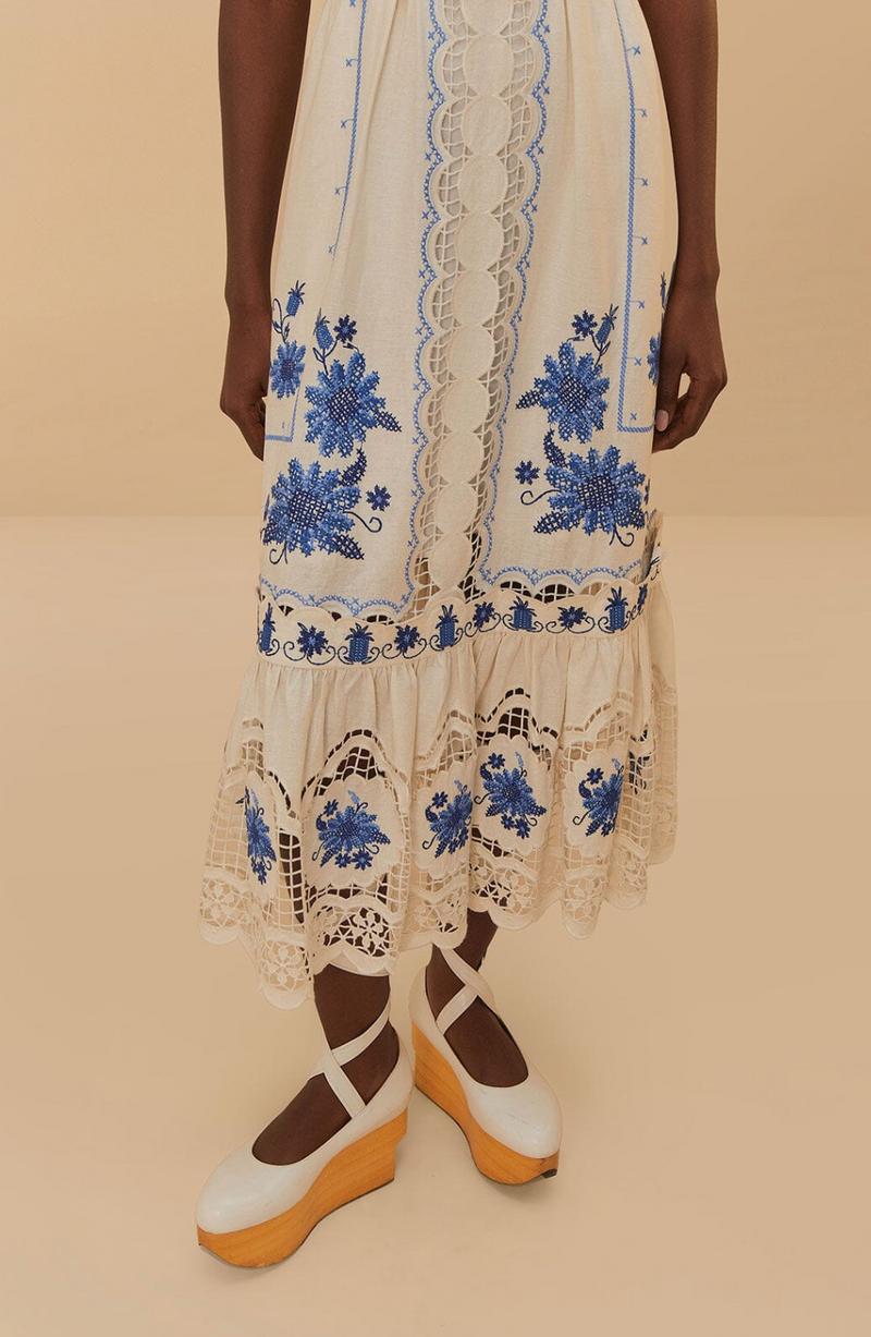 FARM Rio Off-White Richelieu Sunflower Midi Dress