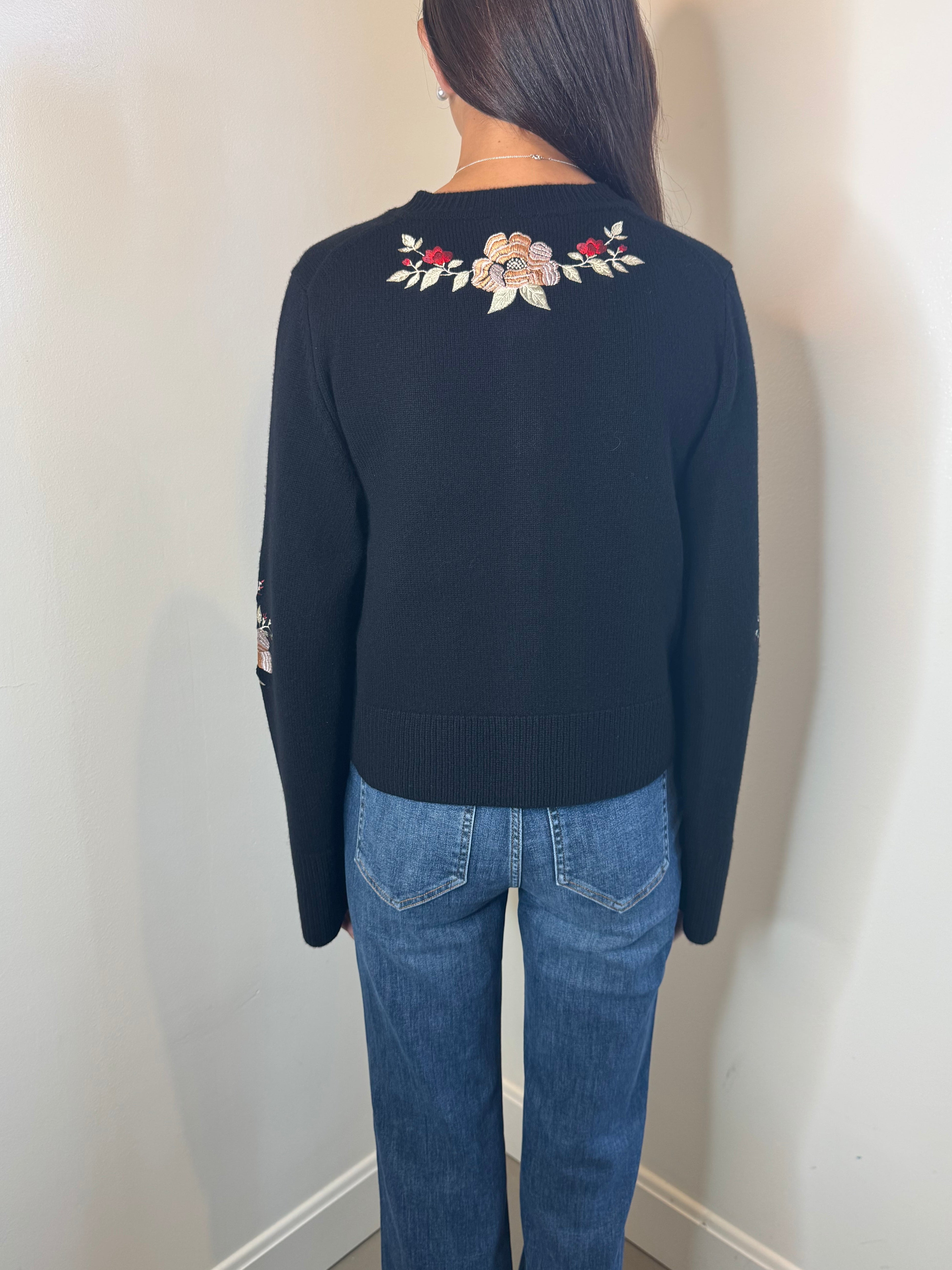 Farm Rio Black Flowers Embroidered Knit Cardigan