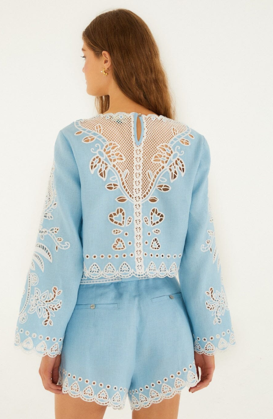 Farm Rio Light Blue Romantic Richelieu Euroflax Premium Linen Shorts