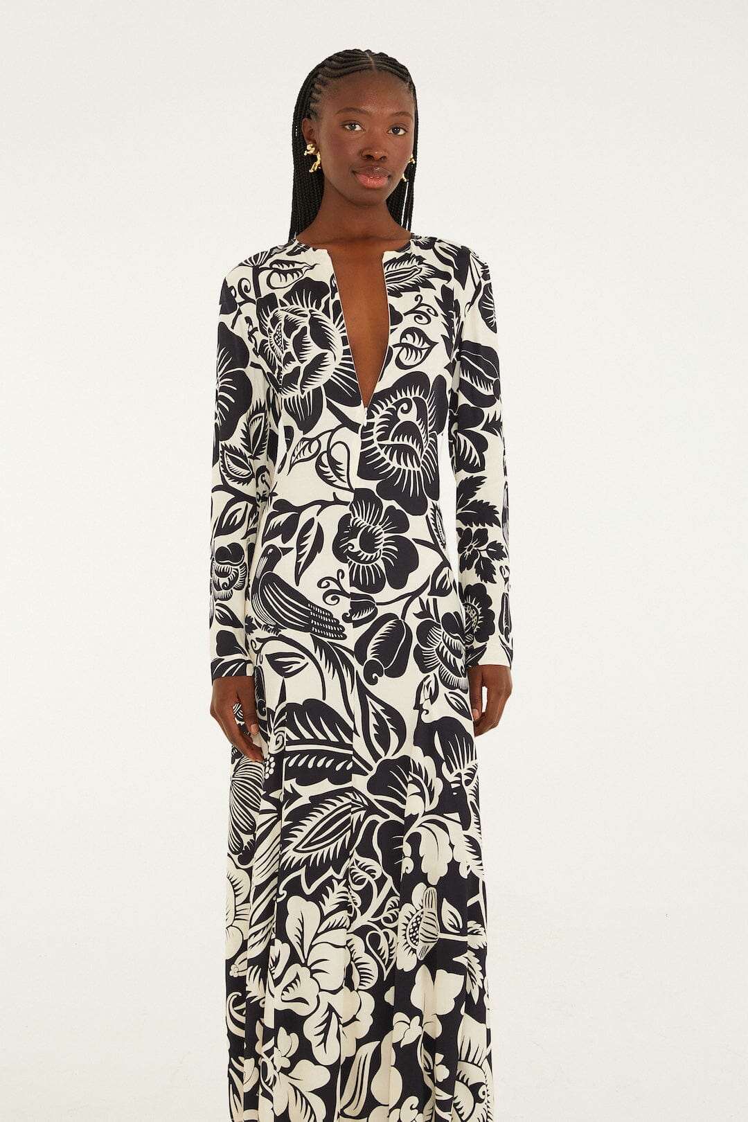 Farm Rio Cashews and Birds Winter White Maxi Dress