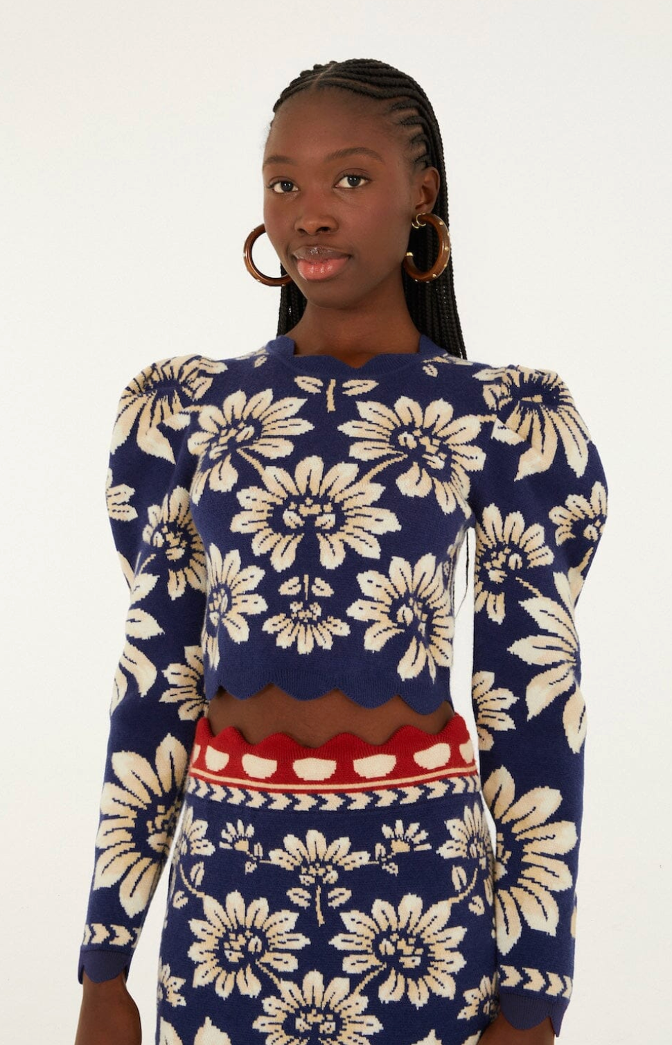 Farm Rio Luna Blue Puff Sleeve Knit Top