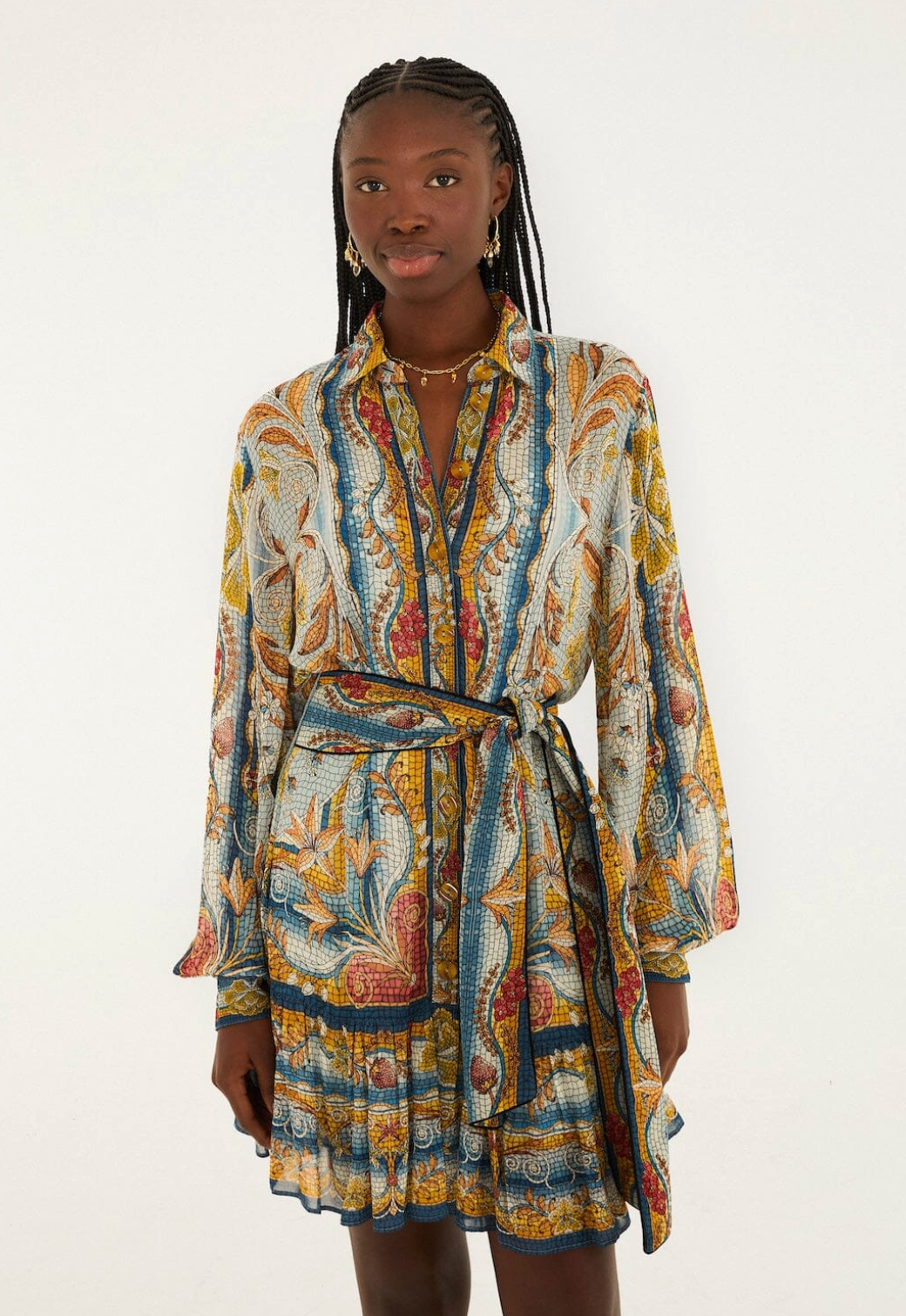 Farm Rio Mosaic Garden Belted Mini Dress