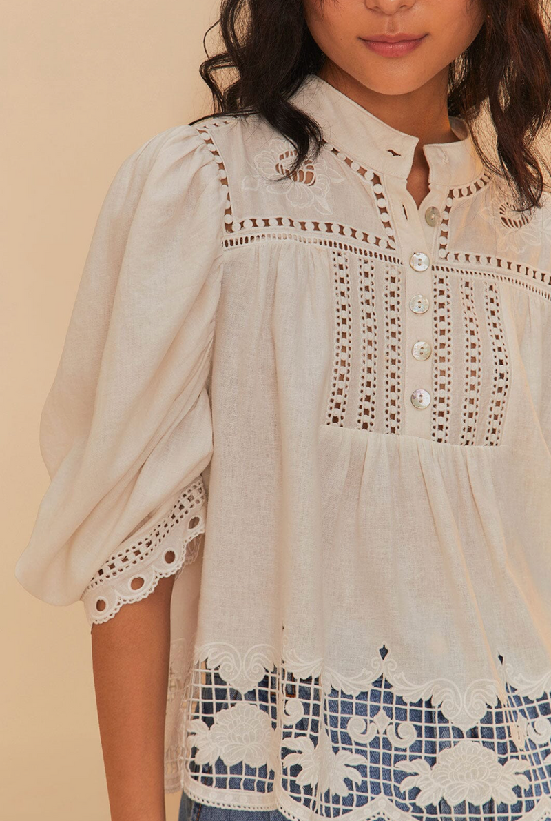 Farm Rio Romantic Richilieu Off-White Blouse
