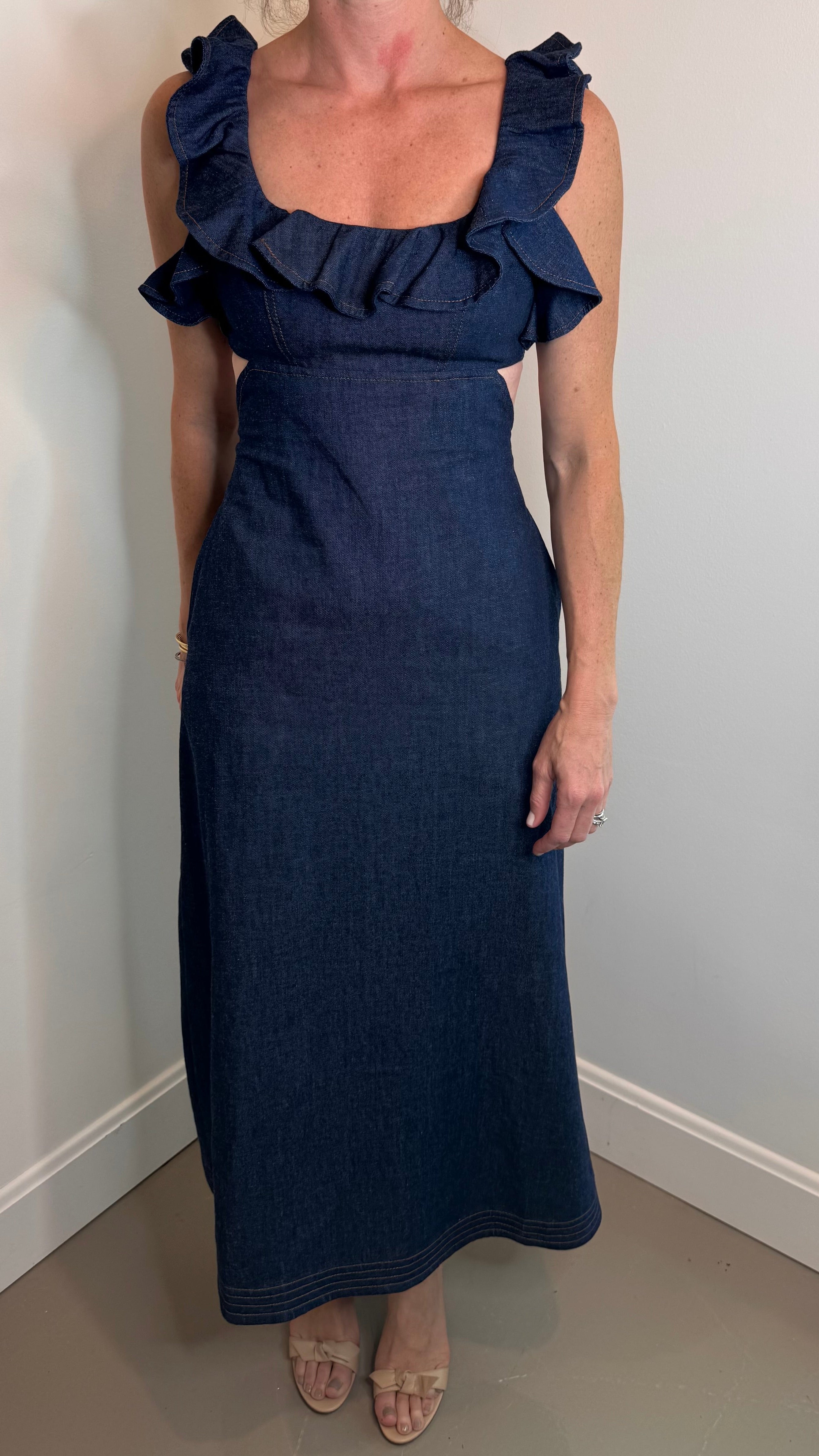 Zimmermann Aster Denim Frill Midi Dress