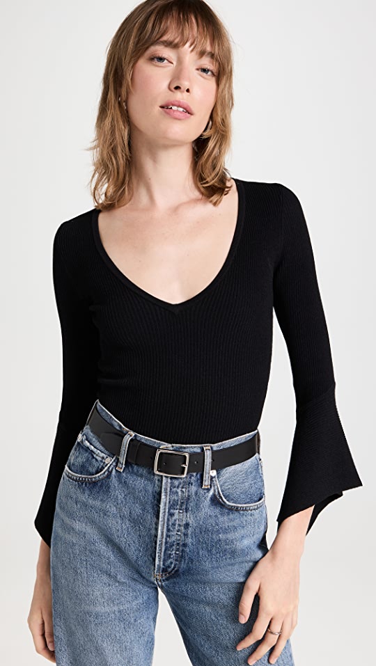 Autumn Cashmere Ribbed V Neck Knit with Rectangle Cuffs