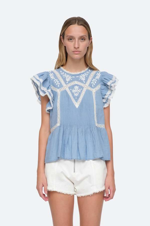 Sea Kyla Flutter Sleeve Chambray Top