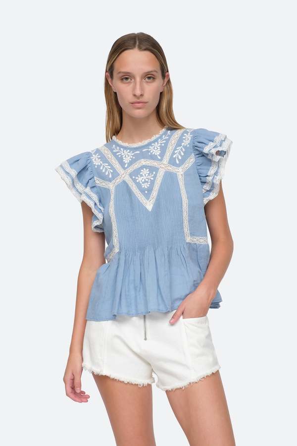 Sea Kyla Flutter Sleeve Chambray Top